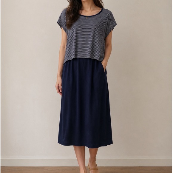 J. Jill Dresses & Skirts - J. Jill Wearever Two-In-One Striped Layered Dress Navy Cream LP Petite m3